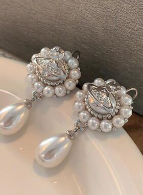西太后珍珠耳钉2026新款爆款水滴耳坠女高级感花朵耳饰小香风耳环