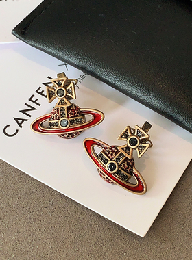 红色珐琅西太后土星耳钉2025新款爆款高级感耳钉朋克复古黑钻耳饰