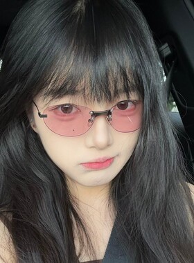 韩版无框猫眼椭圆粉紫色墨镜女防紫外线高级感老钱风太阳眼镜圆脸