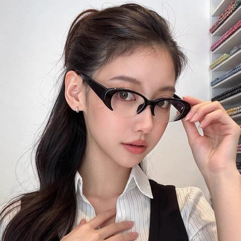 韩版猫眼椭圆眉毛半框黑色眼镜女防蓝光复古小脸素颜近视可配度数