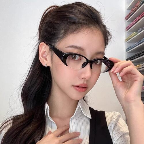 韩版猫眼椭圆眉毛半框黑色眼镜女防蓝光复古小脸素颜近视可配度数