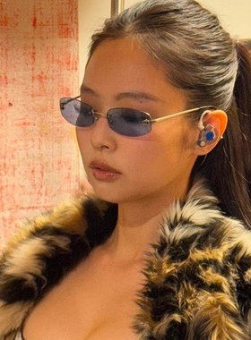 jennie同款蓝色无框墨镜女y2k中古风时髦高级感猫眼太阳眼镜夏季