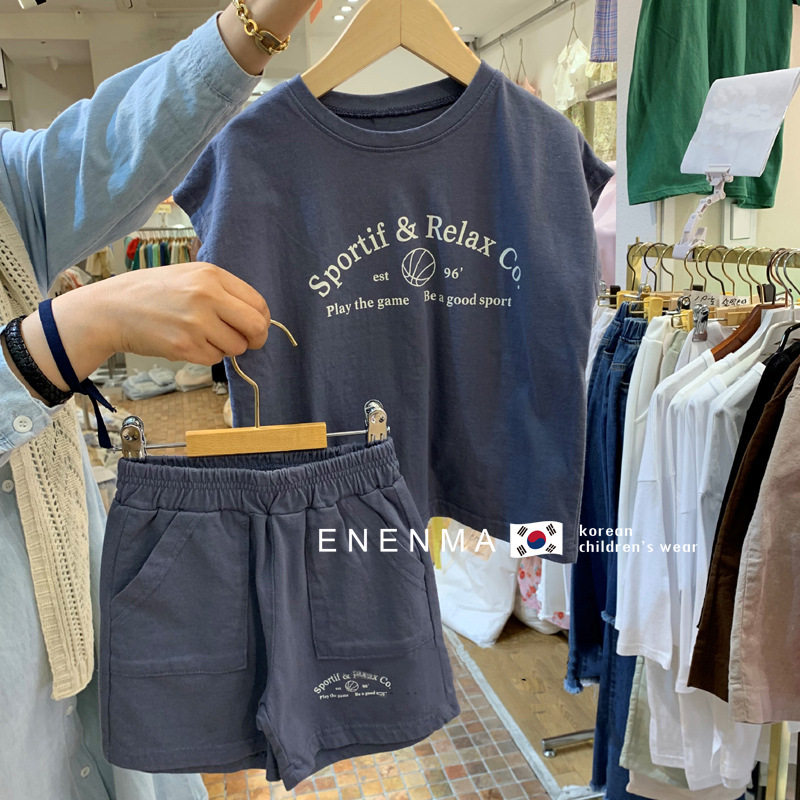 儿童纯棉套装夏季新款男童帅气背心篮球服女童休闲透气短裤两件套