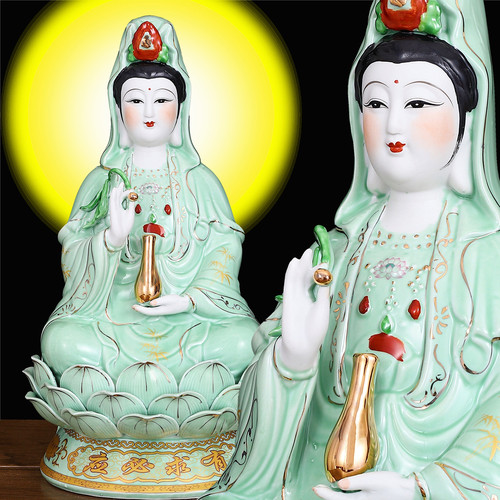 陶瓷南海绿衣观音菩萨佛像供奉家用客厅摆件坐莲观世音