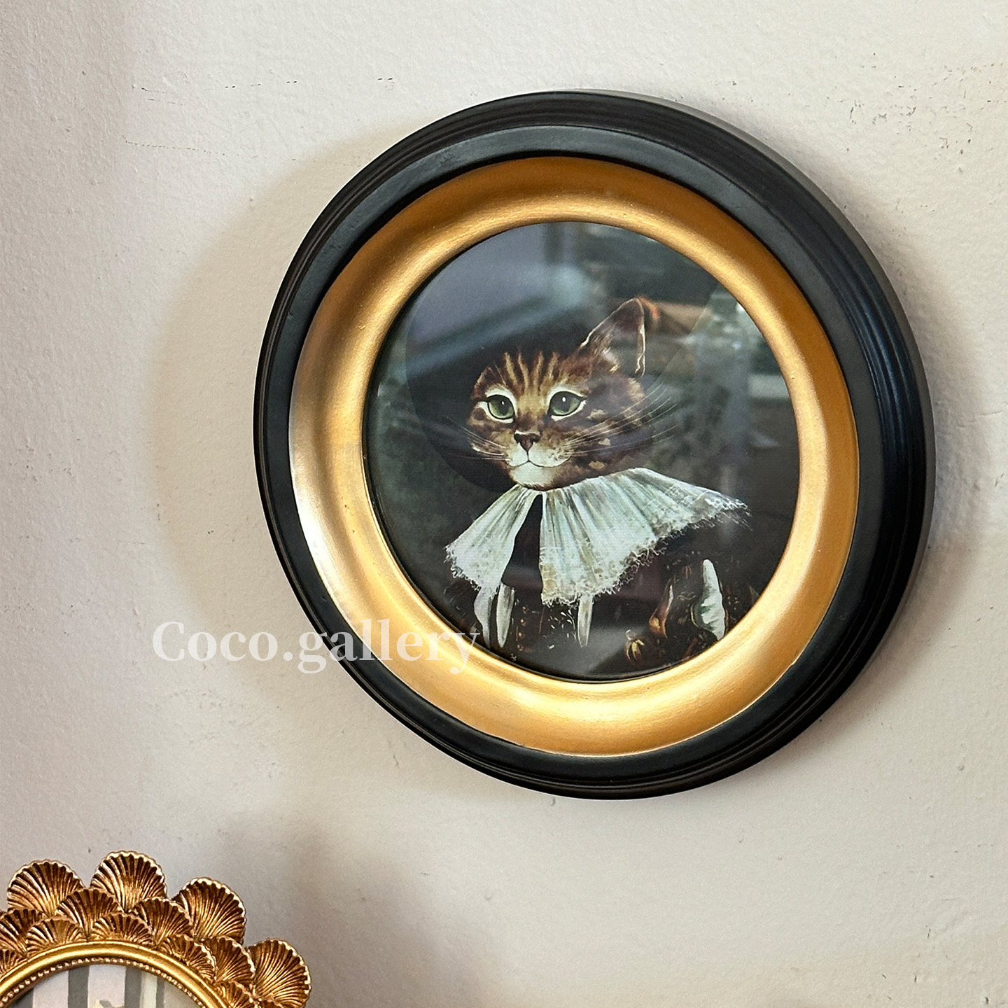 可可的画廊法式中古黑金圆形猫咪名画摆件小众宠物猫咖树脂装饰画