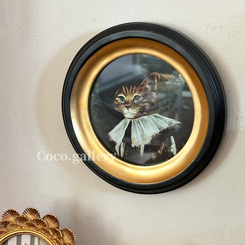 可可的画廊法式中古黑金圆形猫咪名画摆件小众宠物猫咖树脂装饰画