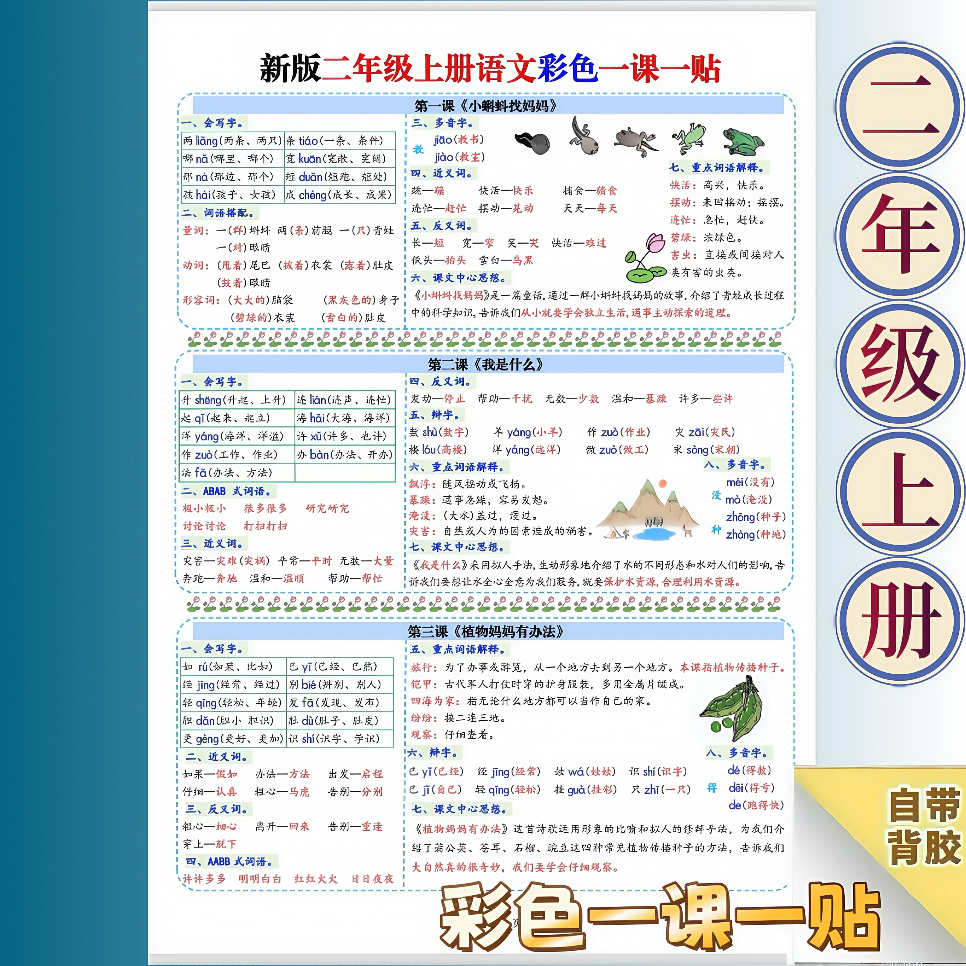 2025新版小学语文课课贴二年级上册一课一贴重点生字组词一课一贴