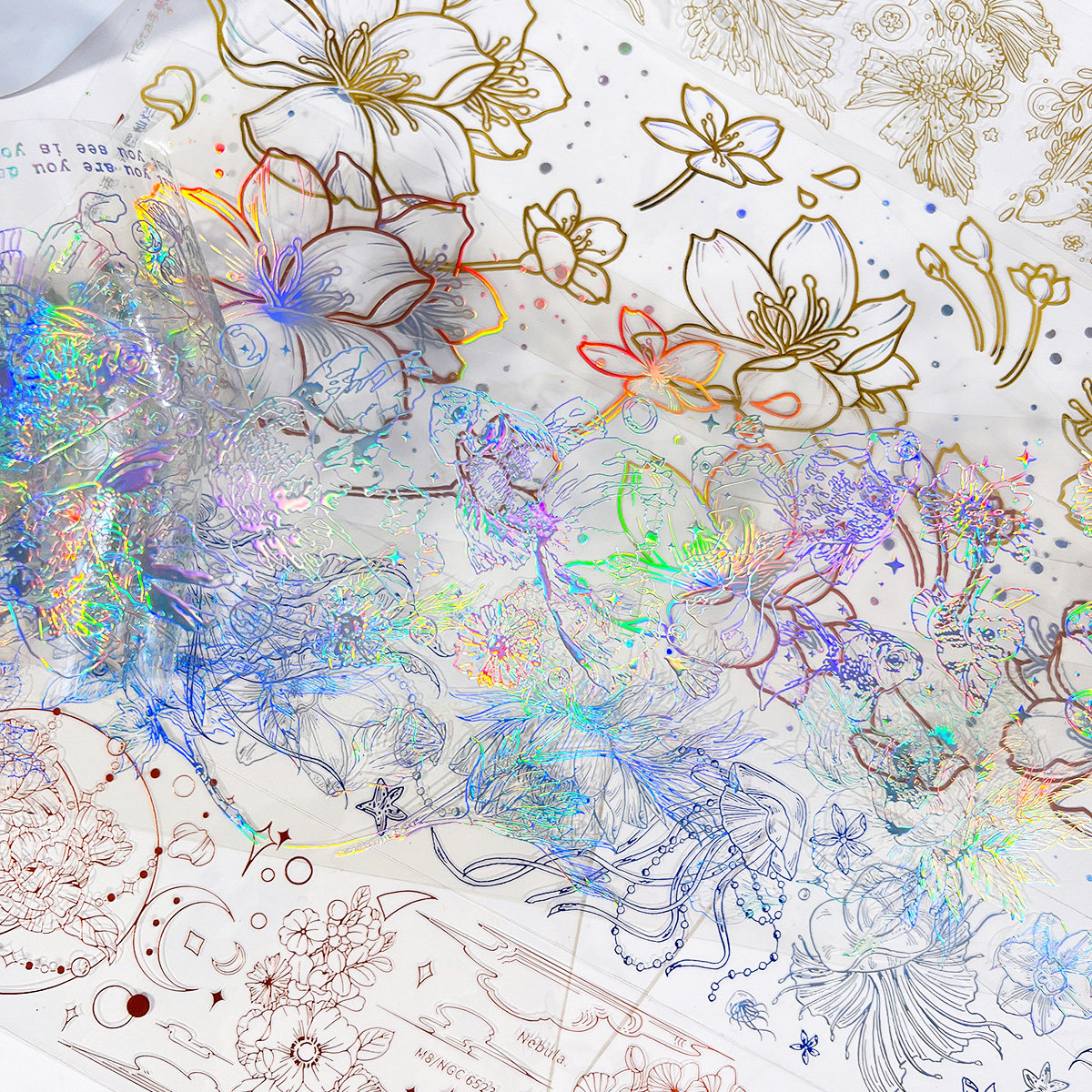 烫金银镭射花朵植物金鱼点缀pet落樱缤纷水母手帐素材胶带分装