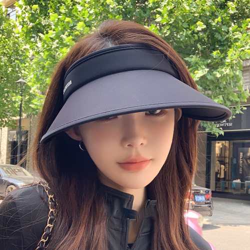 空顶防晒帽子女夏天冰丝防紫外线户外UV遮脸太阳帽黑色大檐遮阳帽