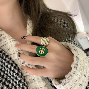 ins博主字戒指法式复古金色时尚指环女个性夸张绿色食指戒