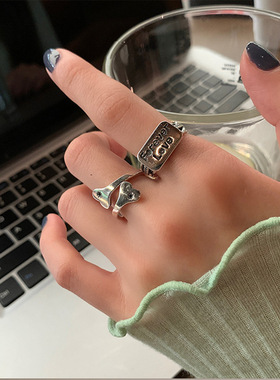 S925纯银做旧日韩时髦休闲黑色字forever love方牌爱心复古戒指