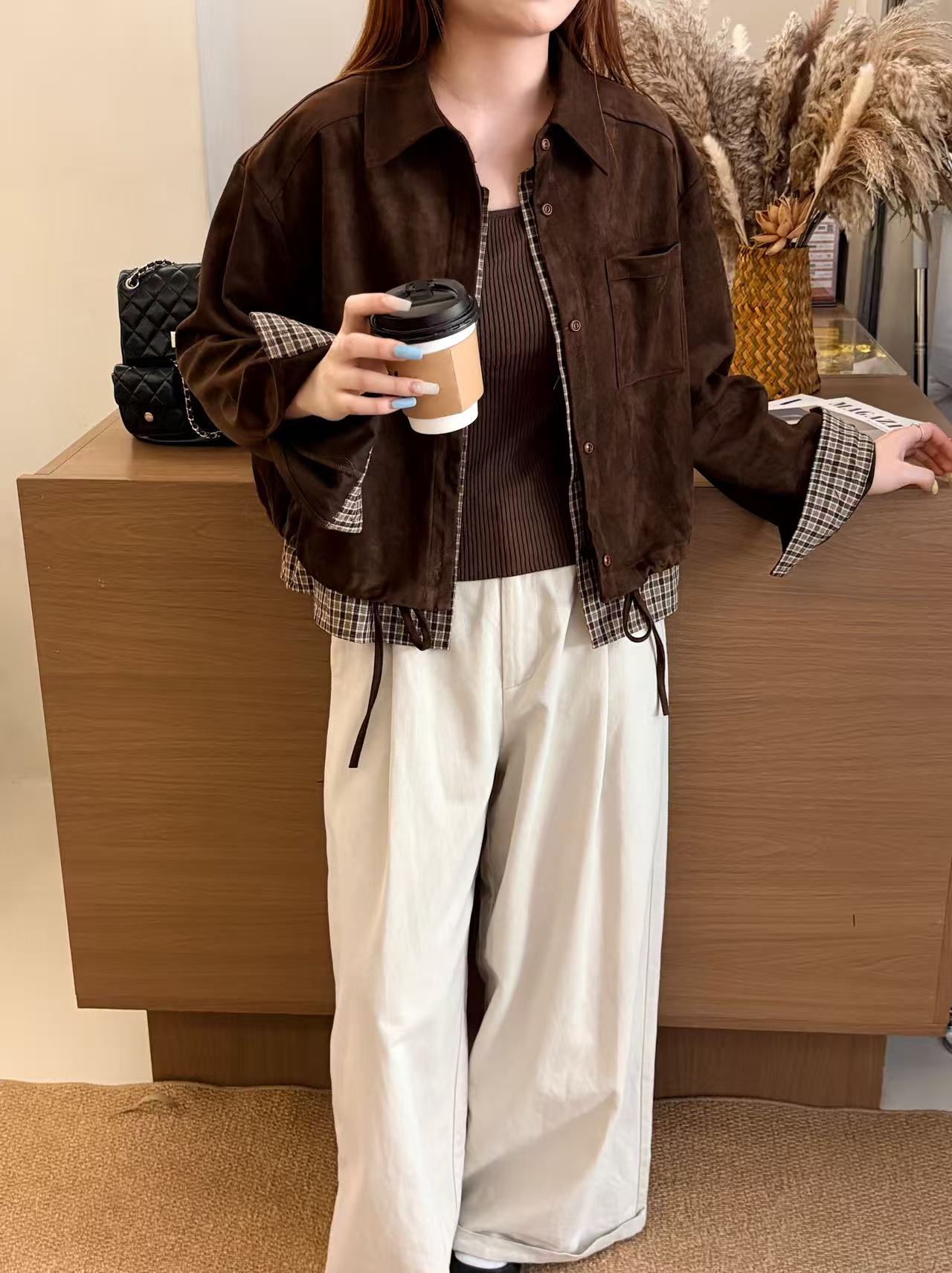 2026秋韩版宽松显瘦百搭设计感小众上衣女士外套假两件麂皮绒面料