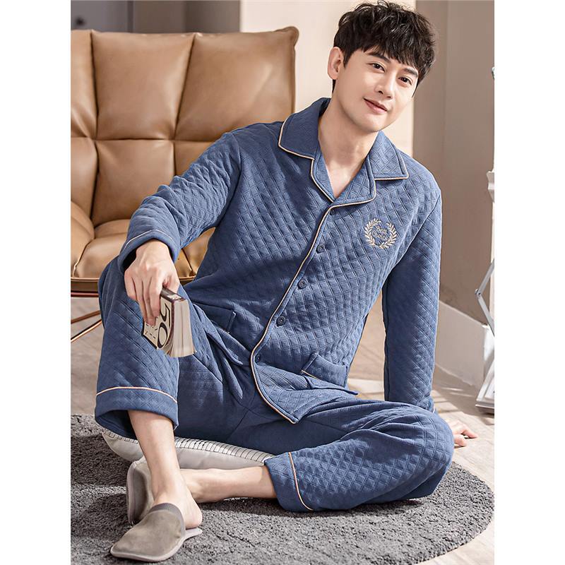 俞兆林男士睡衣秋冬纯棉加厚大码家居服男春秋长袖空气棉夹层套装