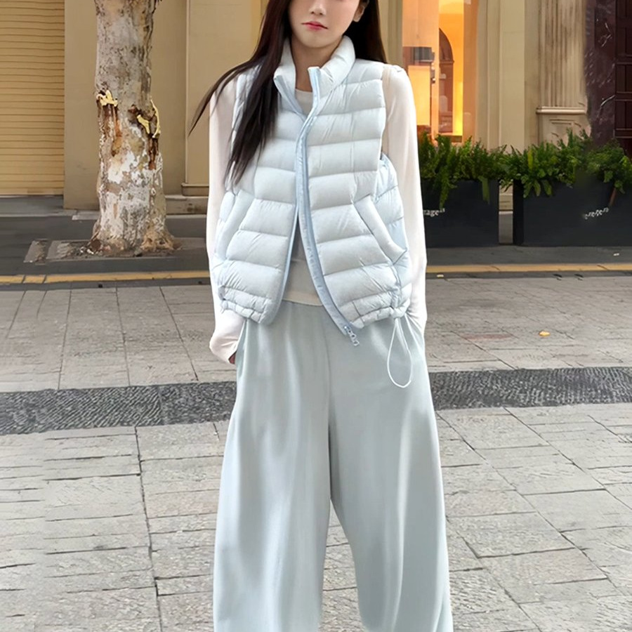 浅蓝色棉服马甲2025年冬季女装新款时尚百搭休闲轻薄立领短款外套