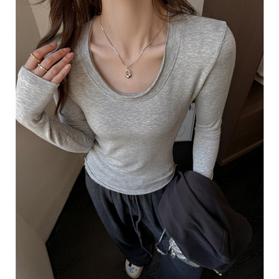 莫代尔纯欲U领设计感修身正肩长袖t恤上衣女秋冬季高级感打底衫