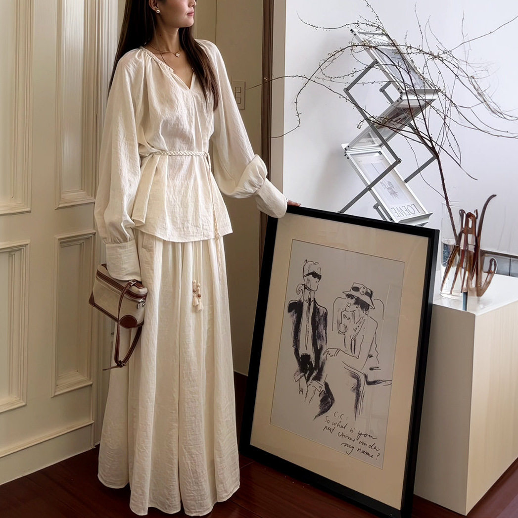 禅意风宽松带腰带长袖衬衫上衣女带新款高级感复古时尚半身裙套装,女装/女士精品,时尚套装,淘宝优惠券,粉丝福利购,淘宝优惠卷