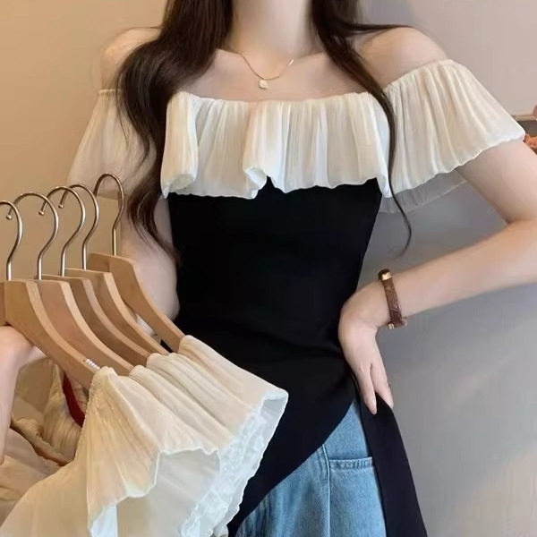 韩版一字领荷叶边露肩性感气质针织衫女夏季新款绑带收腰显瘦上衣