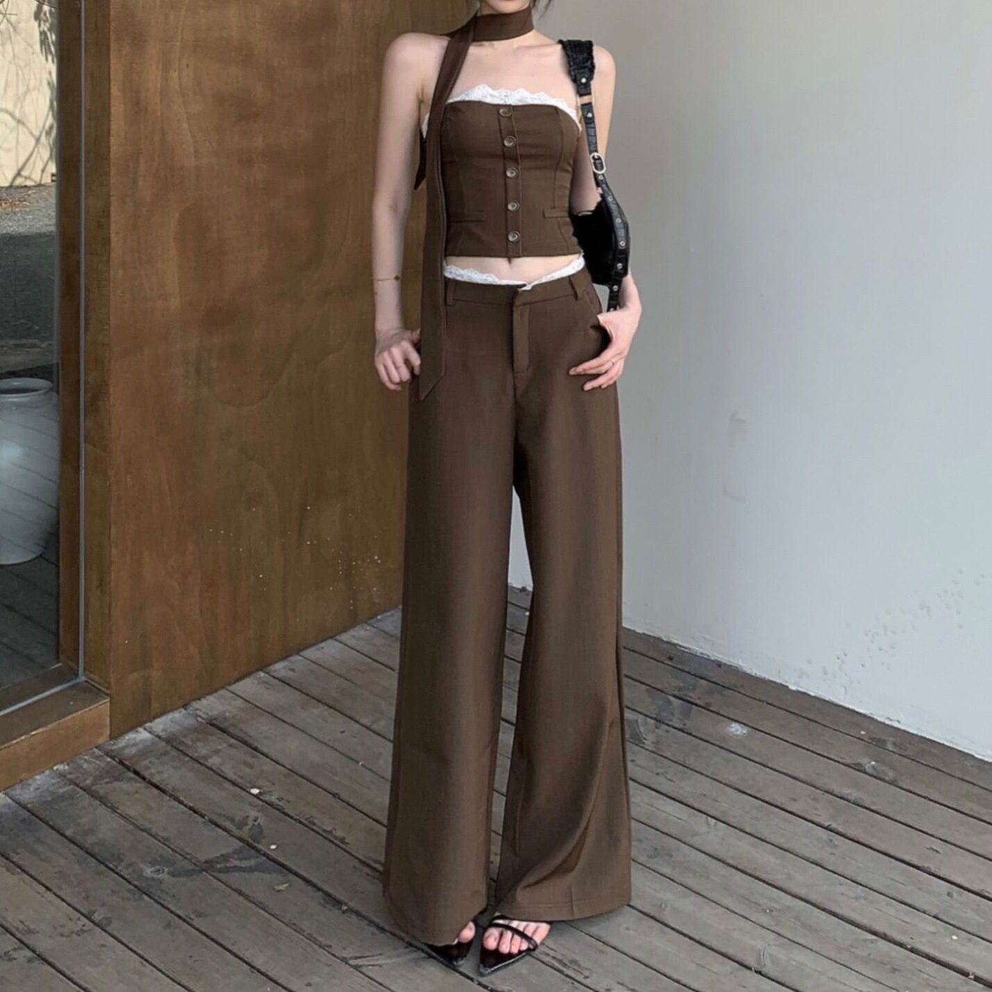 蕾丝花边抹胸背心女夏季性感套装咖色高腰宽松阔腿休闲长裤两件套