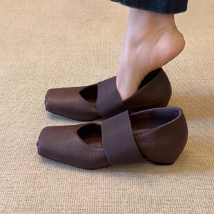 nnmiss 5cm内增高复古风方头猪鼻子浅口简约松紧一字带芭蕾风单鞋