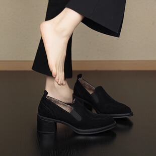 女复古磨砂深口加绒单鞋 nnmiss 5.5cm英伦风杏仁头粗跟乐福鞋