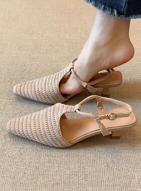 nnmiss/4cm复古方头编织丁字扣带新款小猫跟后空包头凉鞋