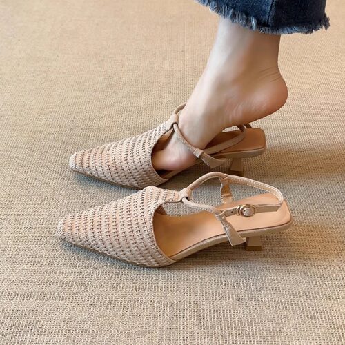 丁字扣带新款小猫跟后空包头凉鞋