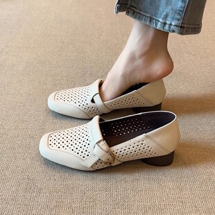 通勤透气洞洞鞋 3cm法式 新款 复古方头镂空浅口单鞋 nnmiss·34