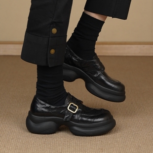 NNMISS/6cm百搭通勤圆头皮带扣运动厚底乐福鞋复古深口休闲小皮鞋