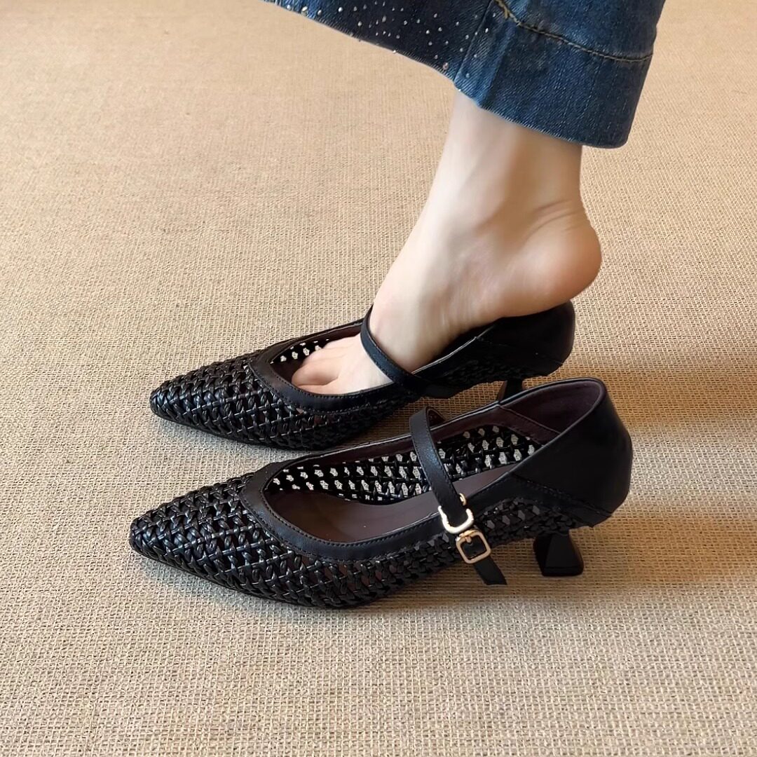 nnmiss/5cm气质简约编织镂空尖头高跟鞋优雅通勤透气一字带凉鞋