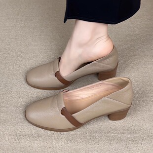 春秋浅口拼色一脚蹬百搭小皮鞋 nnmiss 复古头层羊皮圆头粗跟单鞋
