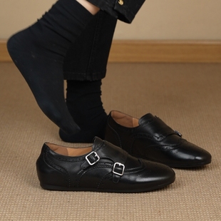 1cm布洛克雕花双皮带扣复古圆头擦色平底乐福鞋 NNMISS·34