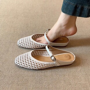 3cm内增高圆头编织镂空透气一字扣带外穿包头拖鞋 nnmiss·34