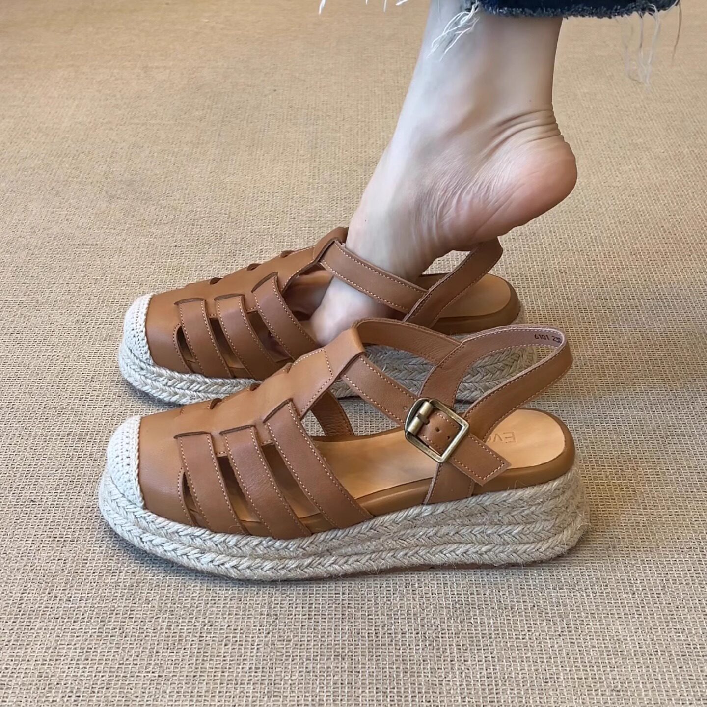 nnmiss/5cm复古风草编厚底坡跟凉鞋休闲拼接编织丁字扣带罗马凉鞋