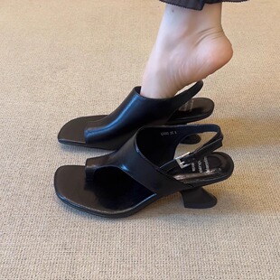 异型跟露趾凉鞋 nnmiss 6cm简约方头套趾百搭复古后绊带时尚
