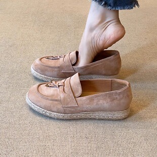 休闲百搭草编厚底单鞋 nnmiss 2.5cm复古圆头流苏中口一脚蹬乐福鞋