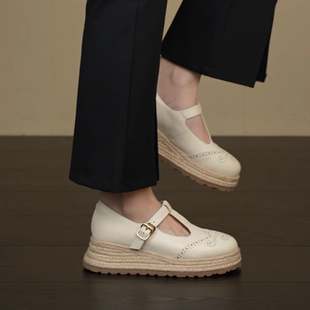 5cm复古编织布洛克雕花玛丽珍百搭T型带圆头坡跟单鞋 nnmiss34