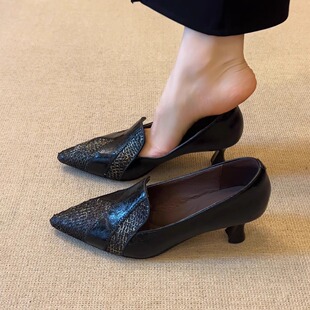 5.5cm小众设计尖头拼接鱼纹浅口细跟气质通勤单鞋 nnmiss·34