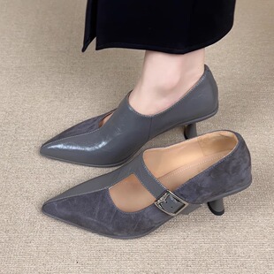 浅口一字带细跟单鞋 nnmiss·34 尖头气质高跟鞋 6.5cm小众法式