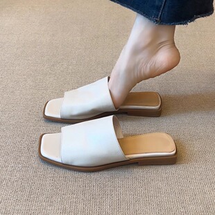 极简风方头小羊皮低跟百搭外穿一字拖鞋 nnmiss 2cm复古法式