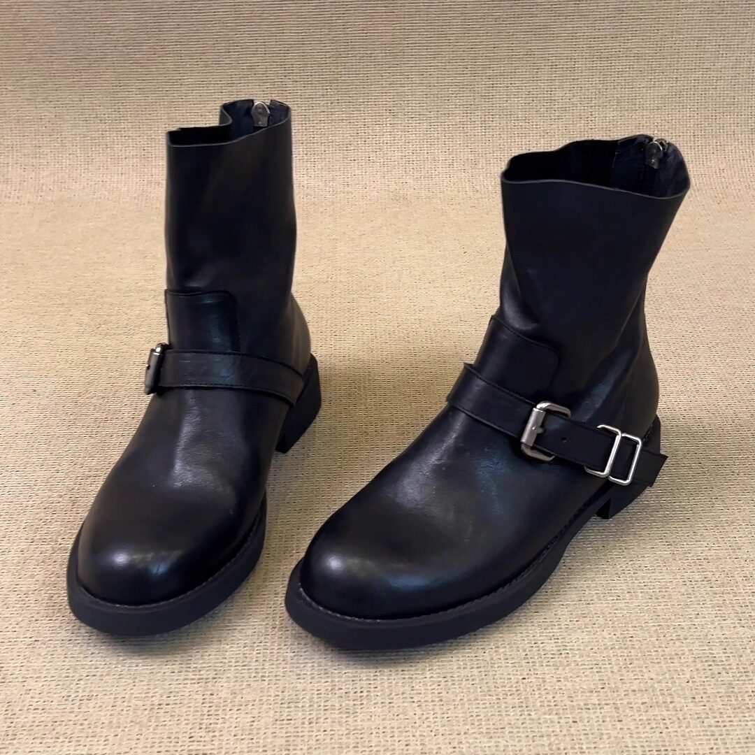 nnmiss/3cm复古时尚圆头皮带扣西部靴新款百搭后拉链舒适粗跟短靴