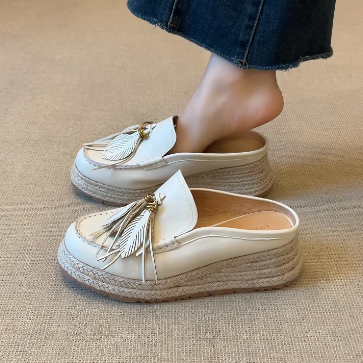 nnmiss/5cm新款时尚潮流百搭透气手工制花松糕厚底包头拖鞋