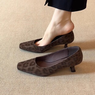 nnmiss34-39/5cm时尚豹纹方头高跟鞋复古浅口一脚蹬百搭通勤单鞋