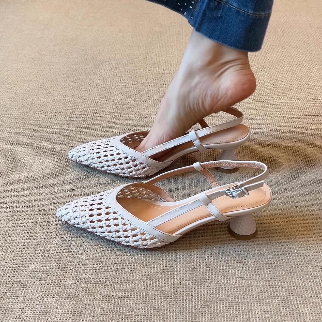 nnmiss/5.5cm优雅编织镂空尖头高跟鞋百搭透气后空粗跟包头凉鞋