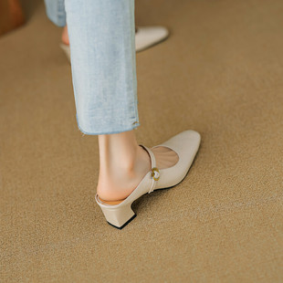 nnmiss复古粗跟包头半拖鞋女新款法式一字带外穿懒人中跟百搭凉鞋