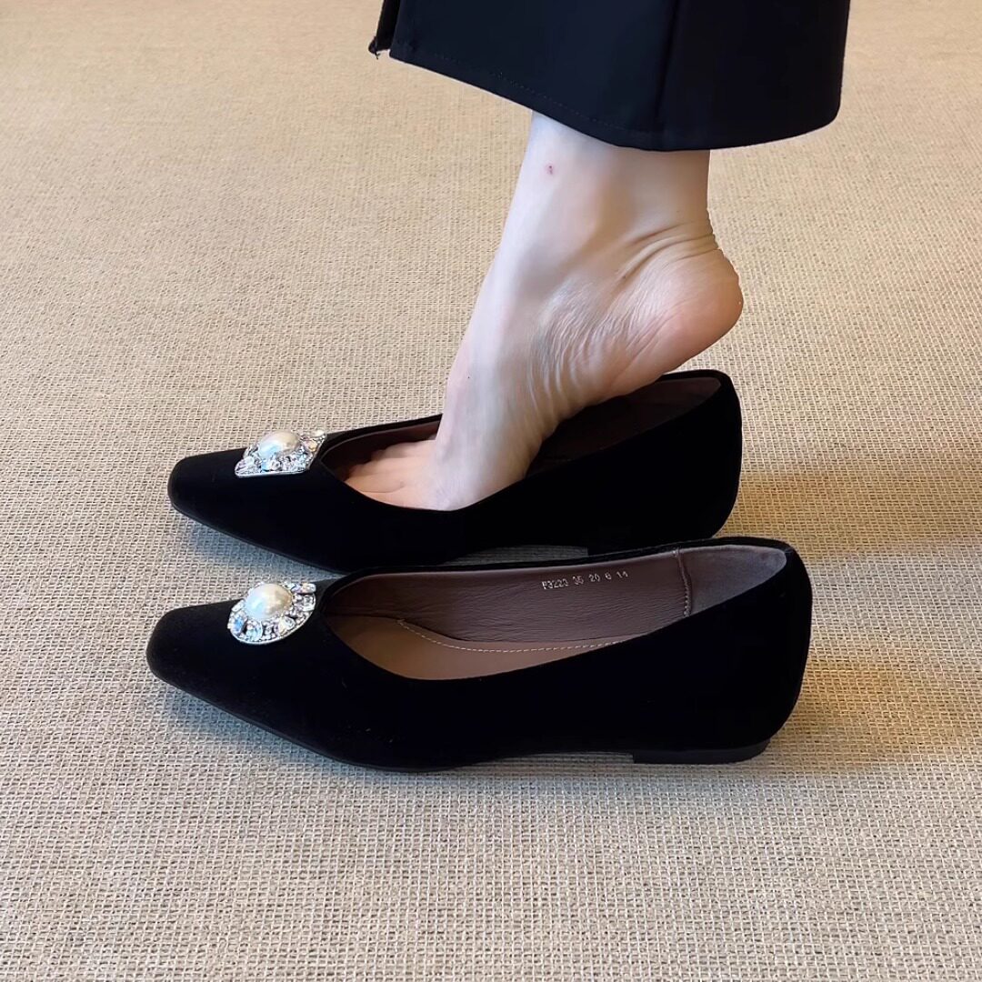 nnmiss/3cm法式气质小方头内增高鸳鸯水钻珍珠扣百搭浅口单鞋