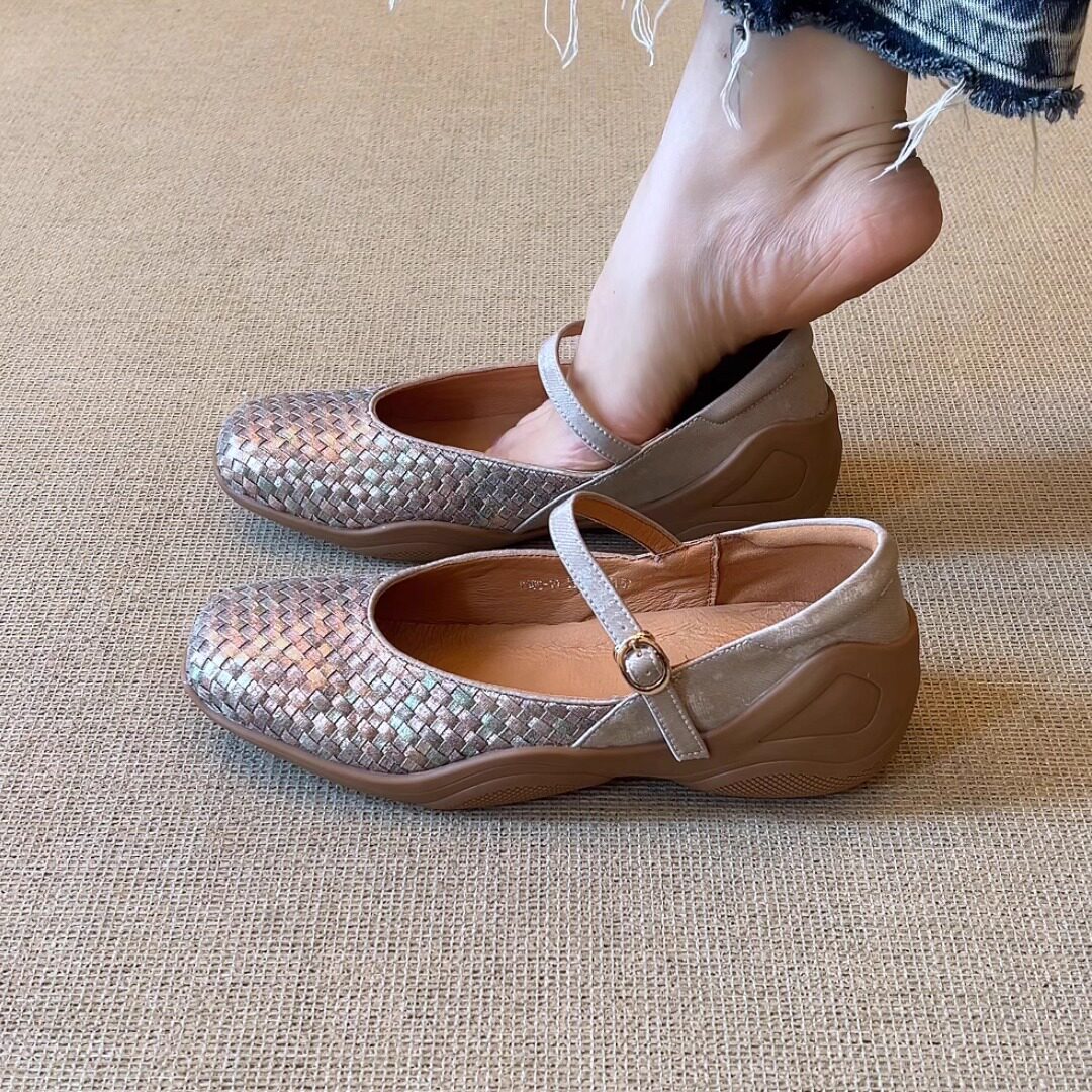 nnmiss/3cm法式复古圆头编织浅口一字带运动风厚底时尚单鞋