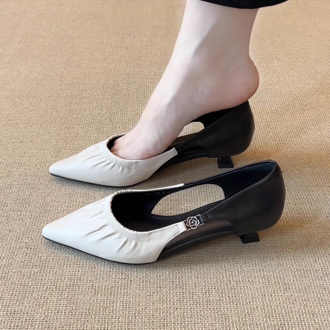 nnmiss/3cm气质尖头优雅镂空浅口单鞋百搭通勤褶皱拼色包头凉鞋