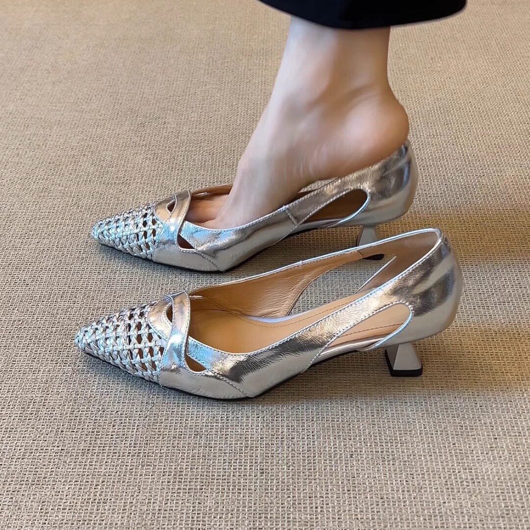 nnmiss/5cm简约百搭尖头镂空透气侧空法式浅口一脚蹬后包高跟凉鞋