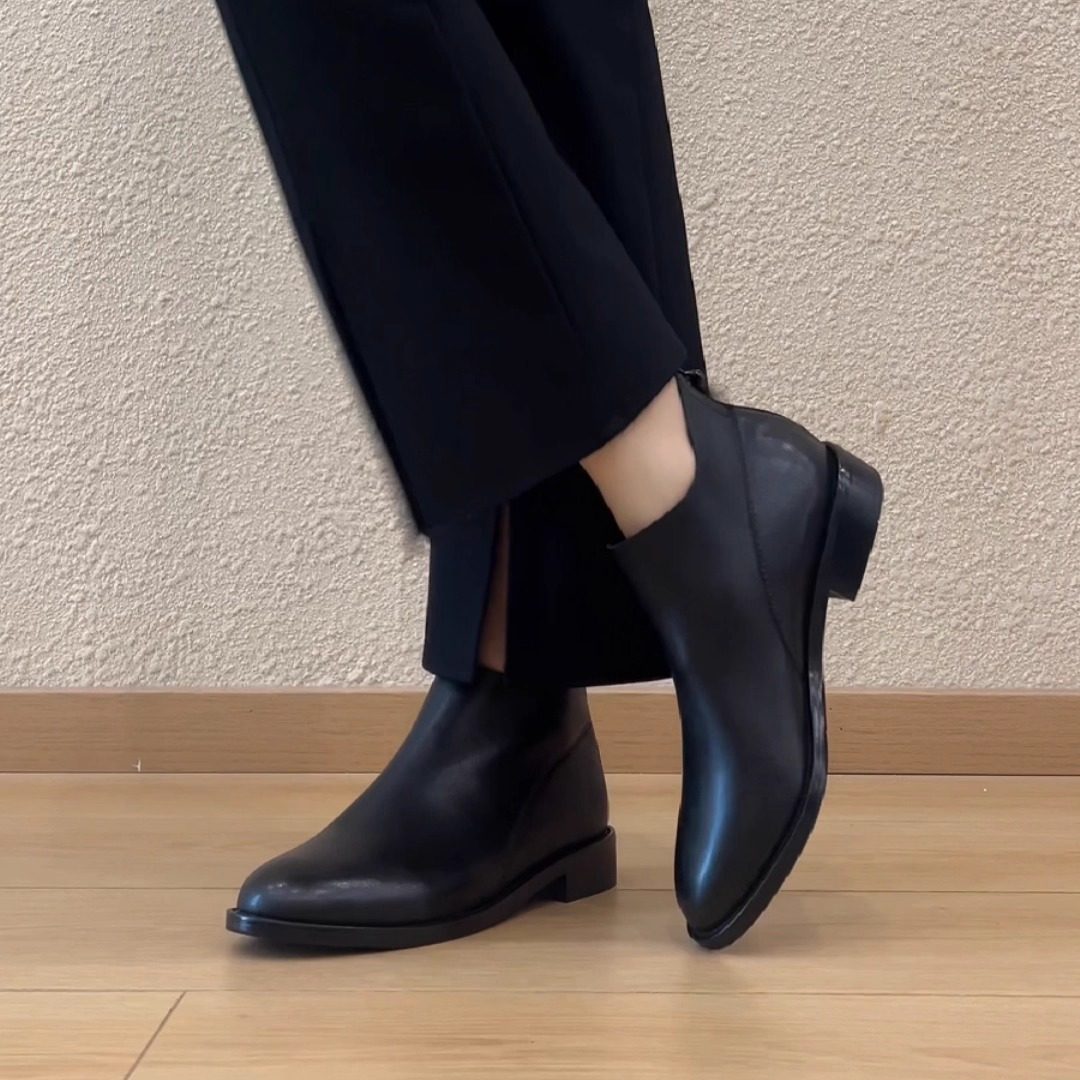 nnmiss~ 真皮英伦复古马丁靴女单靴斜口平底短靴裸靴及踝靴