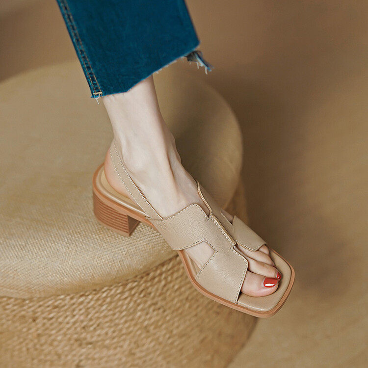 后空露趾粗跟凉鞋简约凉鞋